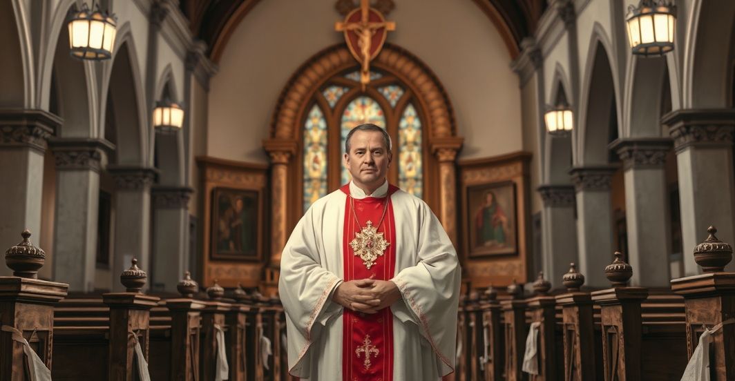 Fotorealistyczne zdjęcie tradycyjnego wnętrza katolickiego kościoła z kapłanem w stroju liturgicznym, wyrażające duchową powagę i wierność naukom Kościoła, ukazujące katolicką hierarchię i pobożność.