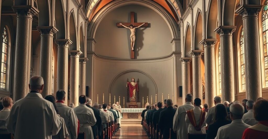 Sanktuarium katolickie z kapłanami w liturgicznej szacie, modlącymi się wiernymi, ukazujące powagę i wierność tradycji katolickiej w obliczu kryzysu duchowego