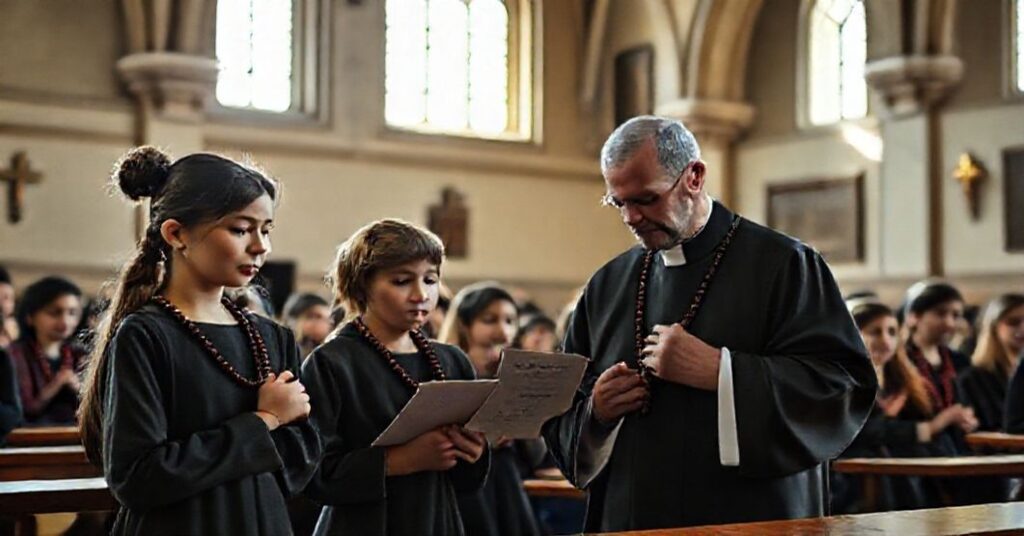 Klasa szkolna z młodymi uczniami modląca się różańcem pod okiem tradycyjnego księdza w sutannie. Na tle widoczna jest stara kościelna architektura.