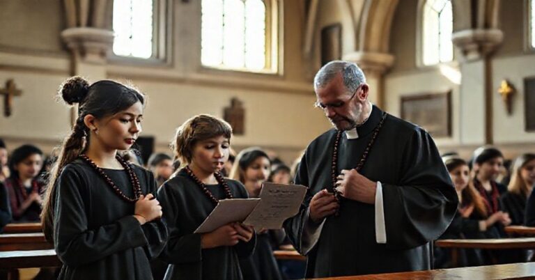 Klasa szkolna z młodymi uczniami modląca się różańcem pod okiem tradycyjnego księdza w sutannie. Na tle widoczna jest stara kościelna architektura.