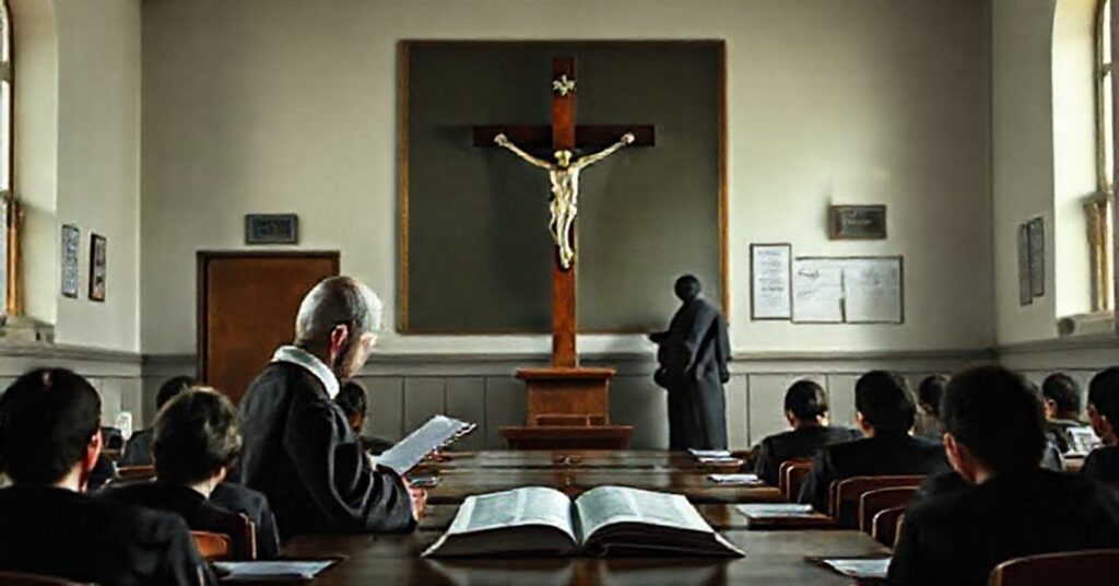 Tradycyjna sala klasowa z krucyfiksem na środku kontrastująca z nowoczesnym systemem edukacyjnym