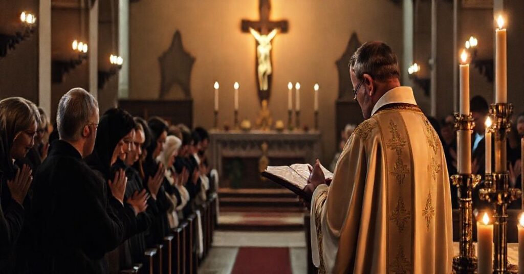 Tradycyjna liturgia w rytach rzymskich z modlitwą za zmarłych w kościele, akcentująca naukę o czyśćcu.