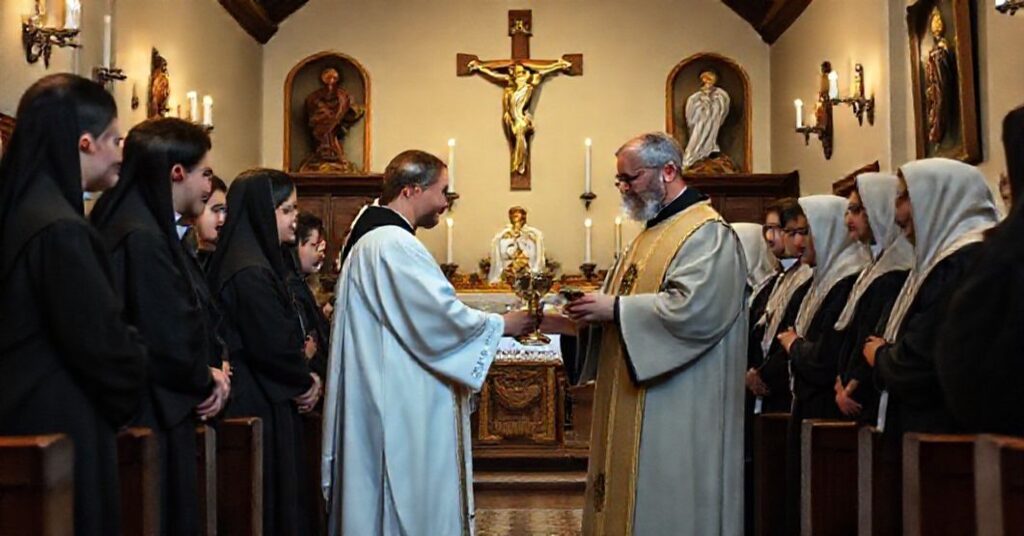 Seminarianie w starożytnych szatach liturgicznych podczas tradycyjnego obrzędu wyświęcenia na akolitów przez księdza w kaplicy pełnej katolickiej symboliki.