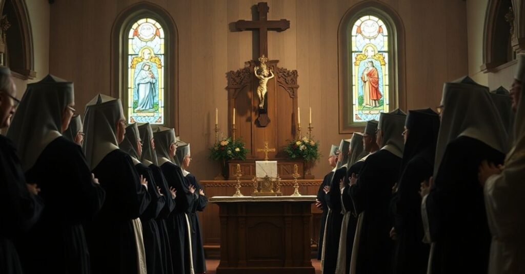 Tradycyjni katolicy w habicie modlący się przed ołtarzem z krzyžm w kaplicy