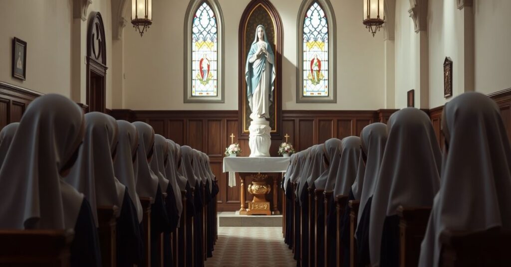 Grupa zakonnic w tradycyjnych habitach modli się w kaplicy z rzeźbą Matki Boskiej Bolesnej na tle