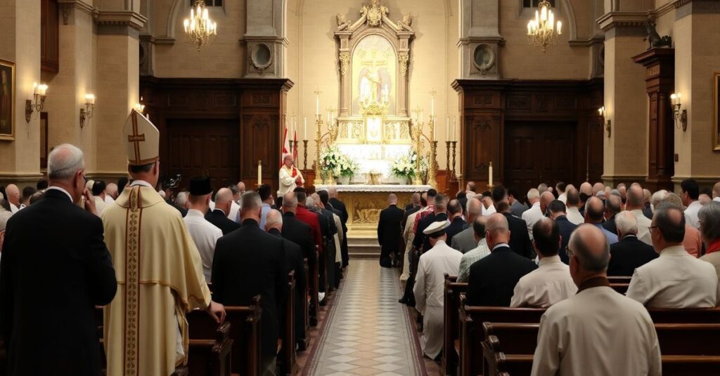 Tradycyjne zebranie katolickie z biskupem Osialem i księży w modlitwie przed monstrancją w historycznym kościele.
