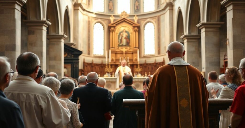 Tradycyjne zgromadzenie katolickie w kościele z udziałem kapłana celebrowanego Mszę Trydencką