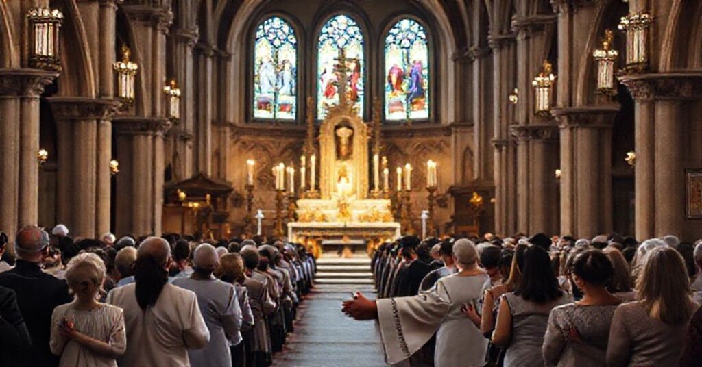 Grupa wiernych modli się w tradycyjnym kościele katolickim z ołtarzem zdobionym świecami i relikwiami.
