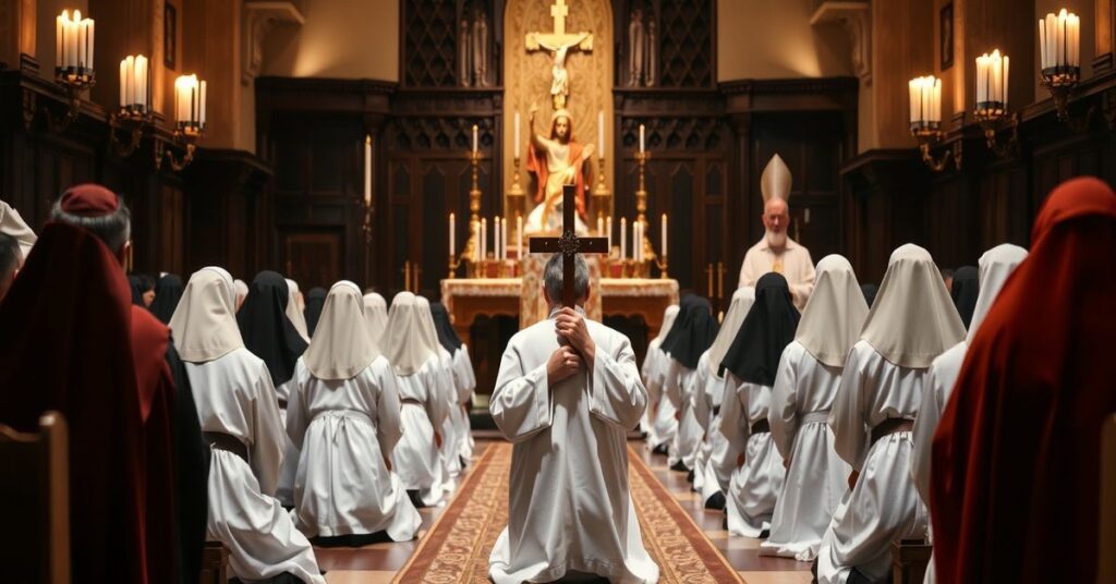 Tradycyjne zgromadzenie żywych konsekrowanych w kościele z krzyżem i kapłanami w tradycyjnych szatach liturgicznych