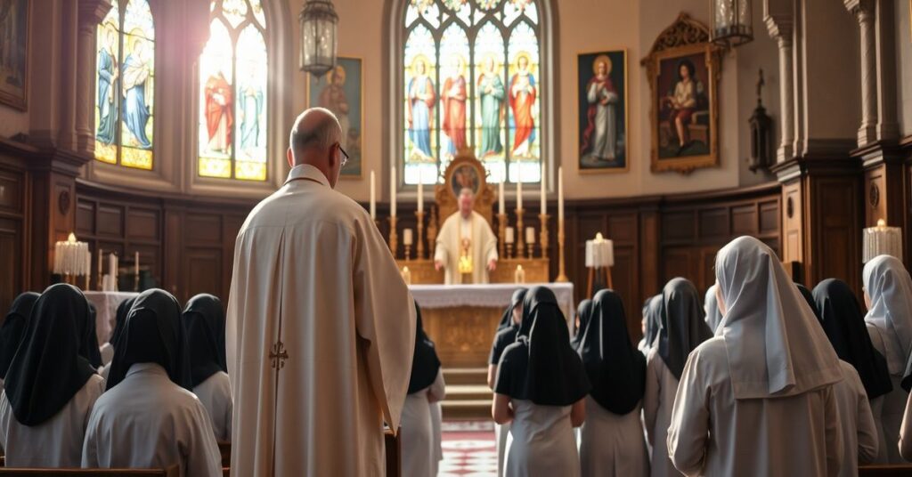 Tradycyjna katolicka ceremonia konsekracji w historycznym kościele z kapłanem i osobami konsekrowanymi w habitach modlącymi się przed ołtarzem