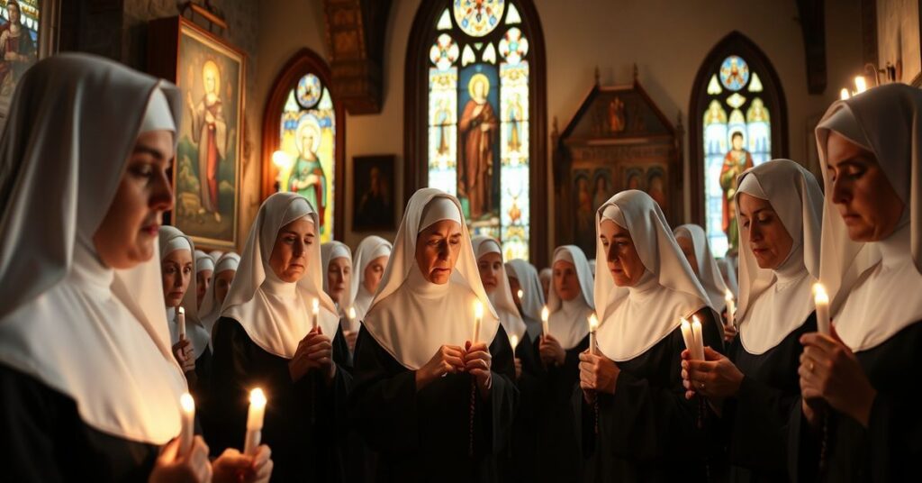 Soborowe zniekształcenie życia zakonnego: tradycyjne siostry zakonne w habitach modlą się w kaplicy z sztuką sakralną na tle.