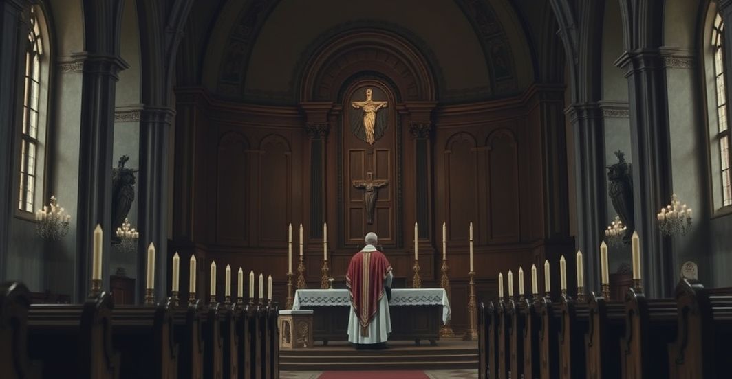 Wnętrze tradycyjnego kościoła katolickiego z ołtarzem i kapłanem w vestiach, podkreślające powagę i duchowość, symbolizujące kryzys kultury i utratę sacrum.