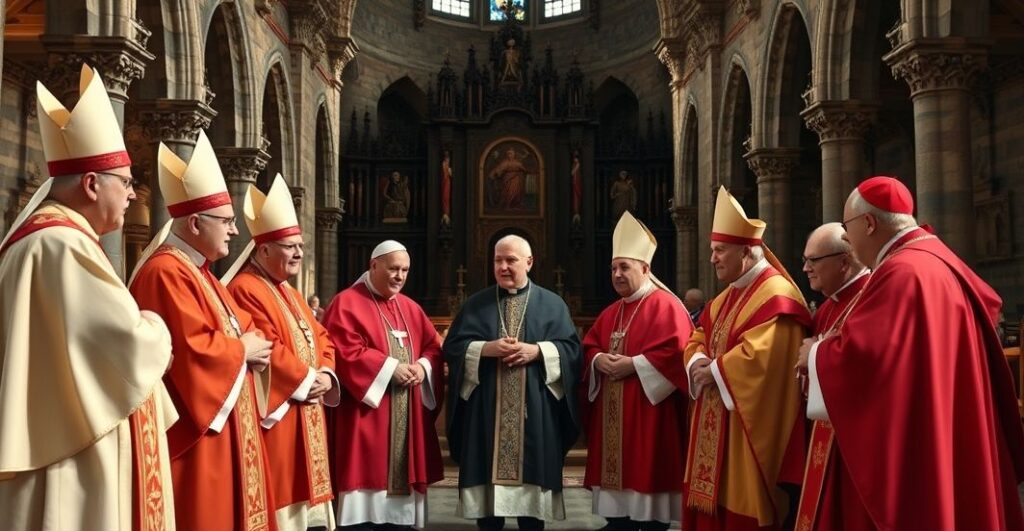 Tradycyjni katoliccy biskupi w liturgicznych szatach podczas poważnej dyskusji w kościele, symbolizujący autorytet i wierność tradycji