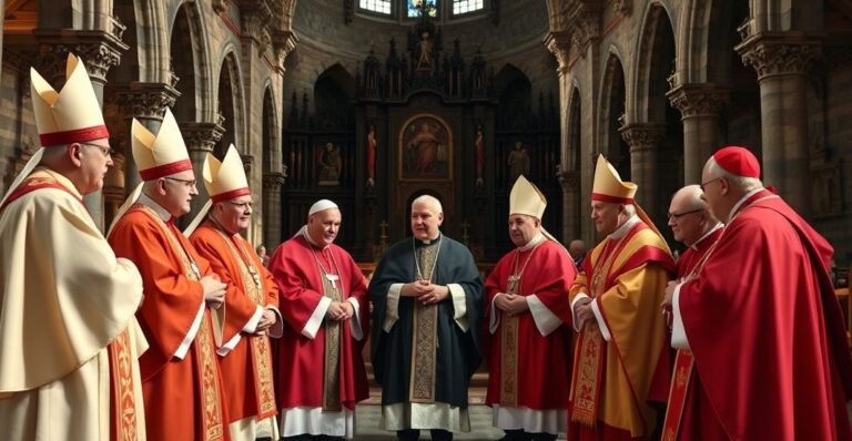 Tradycyjni katoliccy biskupi w liturgicznych szatach podczas poważnej dyskusji w kościele, symbolizujący autorytet i wierność tradycji
