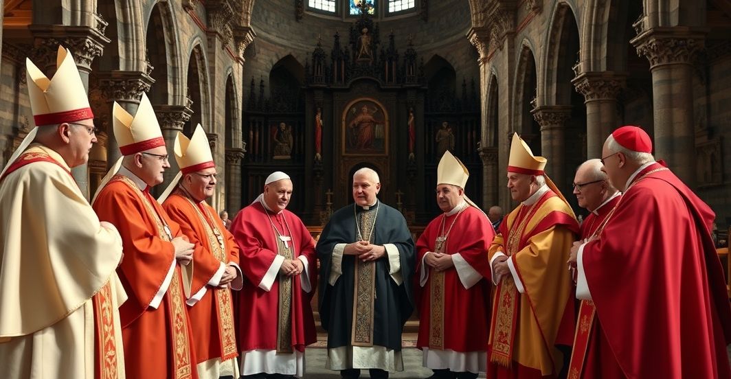 Tradycyjni katoliccy biskupi w kościele Tradycyjni katoliccy biskupi w liturgicznych szatach podczas poważnej dyskusji w kościele, symbolizujący autorytet i wierność tradycji
