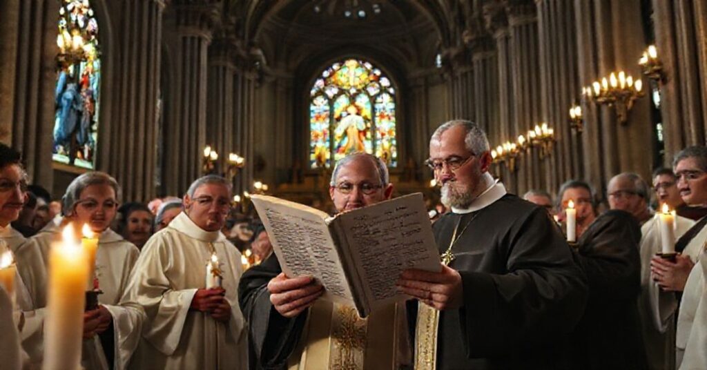 Grupa tradycyjnych duchownych w bazylice czytających kontrowersyjne orędzie Leona XIV o pokoju bez broni, z podświetloną absydą przedstawiającą Chrystusa Króla
