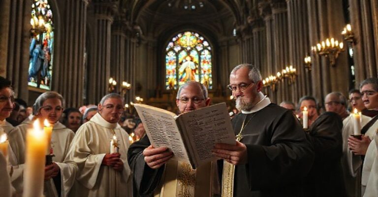 Grupa tradycyjnych duchownych w bazylice czytających kontrowersyjne orędzie Leona XIV o pokoju bez broni, z podświetloną absydą przedstawiającą Chrystusa Króla
