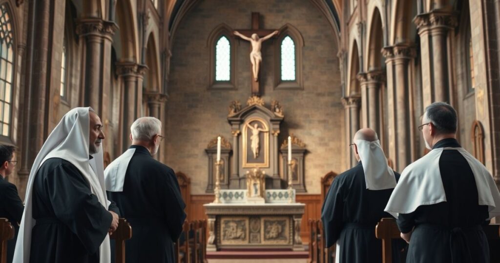 Religijni kapłani w tradycyjnych strojach katolickich w kościele, wyrażający powagę wobec zagrożeń modernizmu i odrzucenia magisterium Kościoła