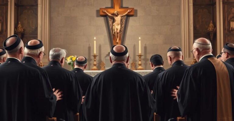 Zdjęcie tradycyjnych katolickich kapłanów modlących się przed ołtarzem, wyrażających wierność Chrystusowi Królowi i sprzeciw wobec modernistycznej apoteozy ekumenizmu