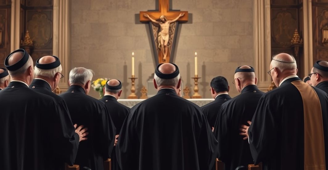 Zdjęcie tradycyjnych katolickich kapłanów modlących się przed ołtarzem, wyrażających wierność Chrystusowi Królowi i sprzeciw wobec modernistycznej apoteozy ekumenizmu