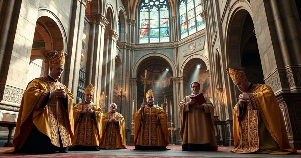 Obraz tradycyjnych katolickich biskupów modlących się w starym kościele, symbolizujący wierność tradycyjnej wierze katolickiej i krytykę modernistycznych zmian.