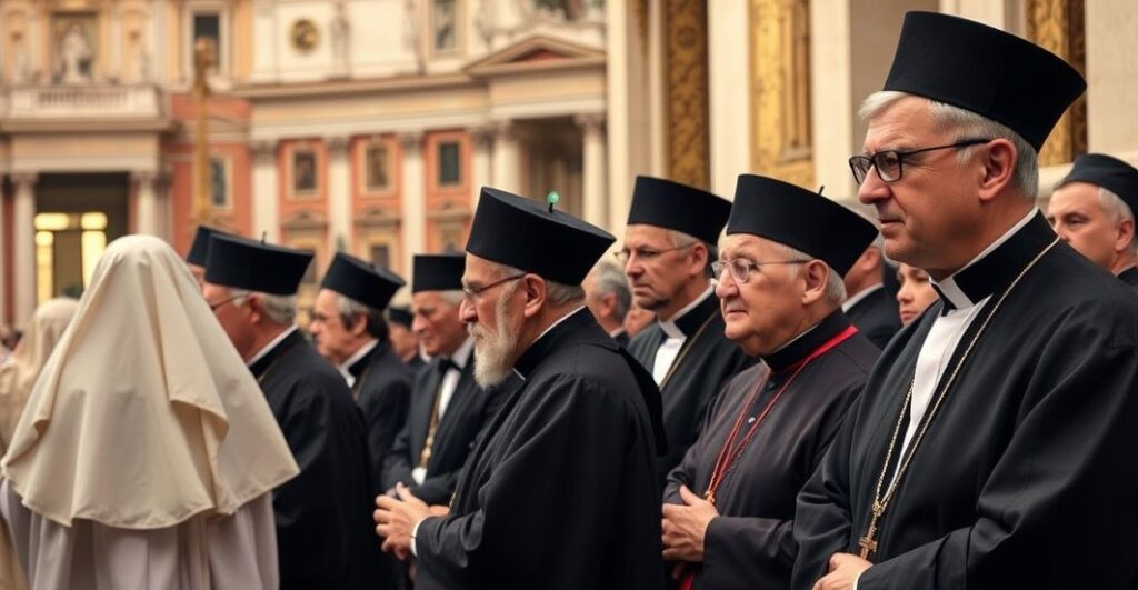 Grupa tradycyjnych katolickich duchownych i prawników podczas pielgrzymki do Watykanu, w skupionej, modlitewnej atmosferze, wyrażającej sprzeciw wobec modernistycznych tendencji w Kościele