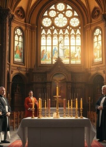 Tradycyjni katoliccy kapłani kontra ekumeniczny dialog w kościele Katolicki obraz tradycyjnych kapłanów słuchających krytycznie dialogu ekumenicznego we wnętrzu świątyni, ukazujący napięcie między nauką Kościoła a synkretyzmem