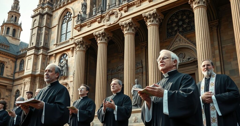 Zdjęcie katolickich duchownych w tradycyjnych strojach głoszących nauki Kościoła przed historyczną katedrą, wyrazem powagi i ortodoksji, symbolizujące odrzucenie modernistycznych herezji