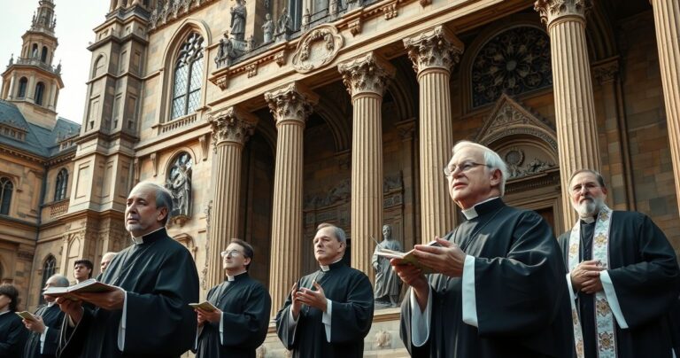 Zdjęcie katolickich duchownych w tradycyjnych strojach głoszących nauki Kościoła przed historyczną katedrą, wyrazem powagi i ortodoksji, symbolizujące odrzucenie modernistycznych herezji