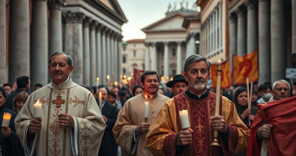 Fotografia realistyczna pielgrzymów katolickich w procesji w Rzymie, ukazująca tradycyjny duch modlitwy i wiernych w liturgicznej odnowie, krytycznie wobec modernistycznych tendencji