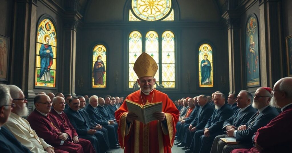 Tradycyjni katolicy spotykają się w kaplicy, dyskutując o zagrożeniach współczesnych ruchów ekologicznych.