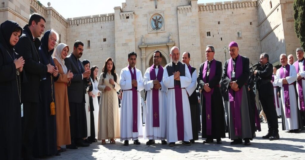 Tradycyjni katolicy modlący się przed Bazyliką Grobu Świętego w Jerozolimie podczas odmowy wstępu modernistycznym klerykom.