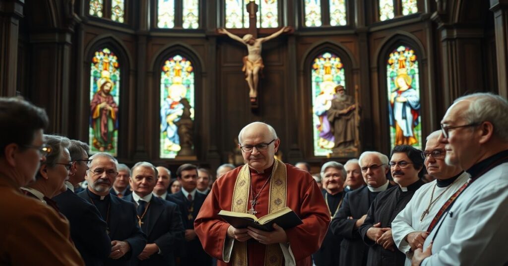 Tradycyjni katolicy modlą się w kościele o pokój i sprawiedliwość według nauki Kościoła