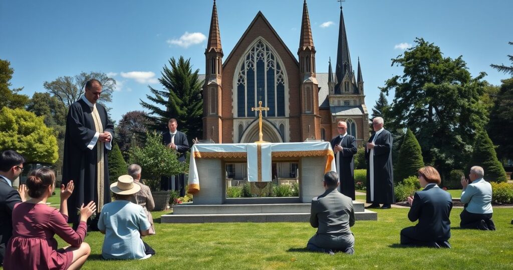 Obraz katolickich wiernych modlących się przed tradycyjnym ołtarzem w kościele, symbolizujący wierne trwanie przy naukach Kościoła wobec modernistycznych zagrożeń