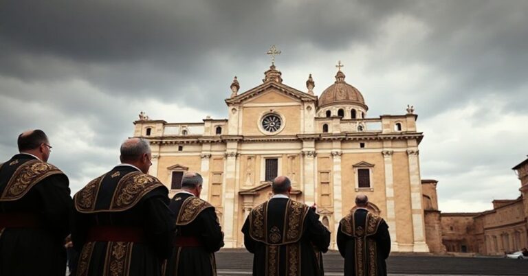 Grupa tradycyjnych katolickich kapłanów modli się przed odbudowaną bazyliką w Norcii podczas kontrowersyjnej uroczystości dedykacyjnej, podkreślając spór między autentyczną wiarą a nowoczesnymi odchyleniami.