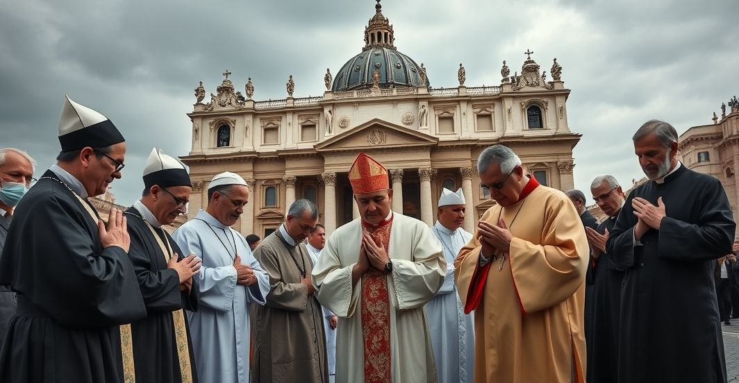 Grupa tradycyjnych katolików modlących się przed Bazyliką św. Piotra, wyraz głębokiej wiary i refleksji, ukazująca autentyczną, katolicką pobożność w realistycznym stylu.