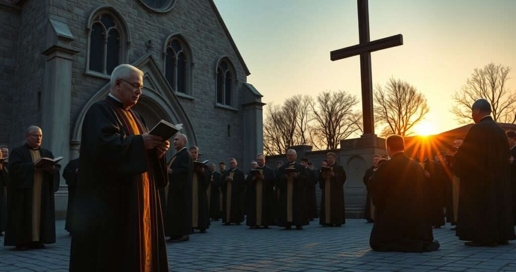 Obraz wiernych katolickich modlących się przy starym kościele, podkreślający tradycyjne wartości i krytykę modernistycznych praktyk religijnych