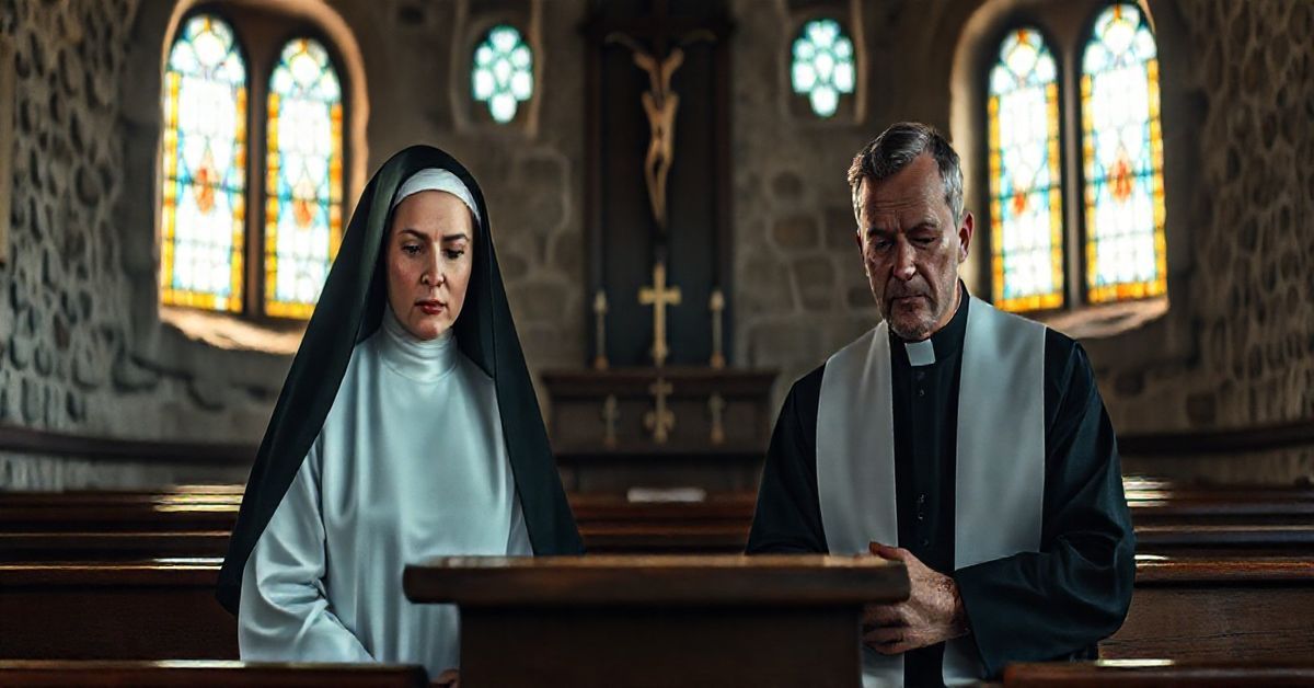 Konserwatywny obraz modlitwy katolickiej w tradycyjnym kościele Konserwatywny obraz zakonnic i księży w modlitwie w tradycyjnej katolickiej świątyni, wyrażający powagę i wierność doktrynie