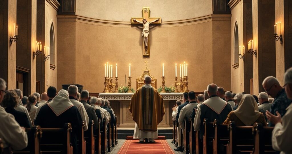 Tradycyjni katolicy modlący się w kościele przy ołtarzu, symbolizujący wierność tradycji i sprzeciw wobec modernistycznej apostazji.