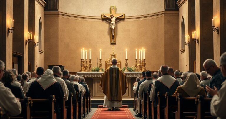 Tradycyjni katolicy modlący się w kościele przy ołtarzu, symbolizujący wierność tradycji i sprzeciw wobec modernistycznej apostazji.
