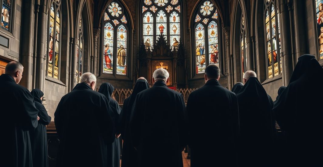 Tradycyjni katolicy w modlitewnym skupieniu wobec kryzysu Kościoła Duchowo poważny obraz katolickich duchownych w tradycyjnym kościele, symbolizujący opór wobec prześladowań i apostazji w Kościele