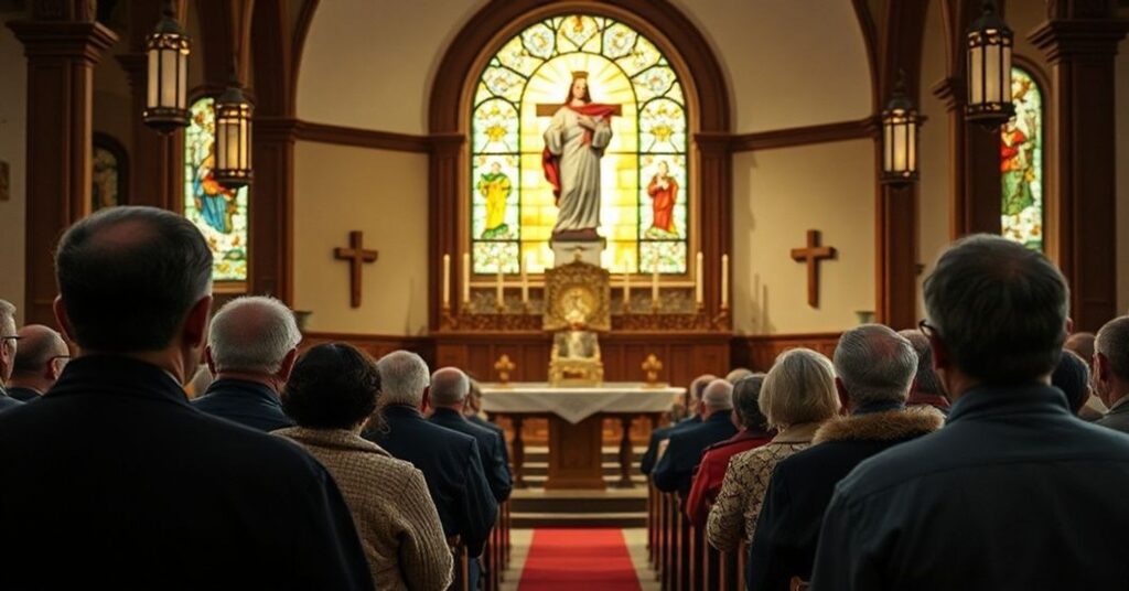 Wnętrze kościoła katolickiego podczas Adwentu z tradycyjnym ołtarzem i grupą wiernych słuchających kazania.