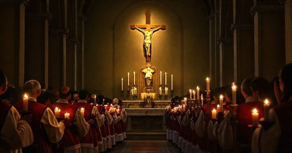 Zdjęcie przedstawiające tradycyjne katolickie obchody Adwentu w stylu przedsoborowym, z wiernymi w fioletowych szatach liturgicznych i świecach w ciemnym kościele.