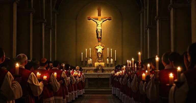 Zdjęcie przedstawiające tradycyjne katolickie obchody Adwentu w stylu przedsoborowym, z wiernymi w fioletowych szatach liturgicznych i świecach w ciemnym kościele.