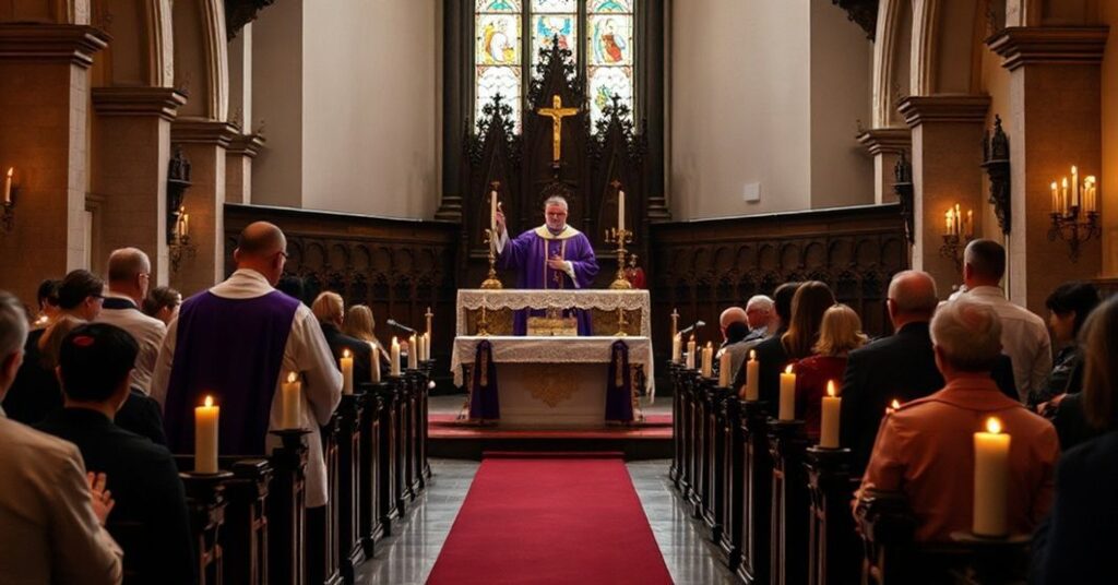 Wnętrze tradycyjnego kościoła katolickiego podczas Adwentu z ołtarzem ozdobionym purpurowymi paramilitarnymi i świecami. Ksiądz w tradycyjnym sutannie i surply prowadzi nabożeństwo pokutne, podczas gdy zebrani w modlitwie skupiają się na Czterech Ostatnich Rzeczach.
