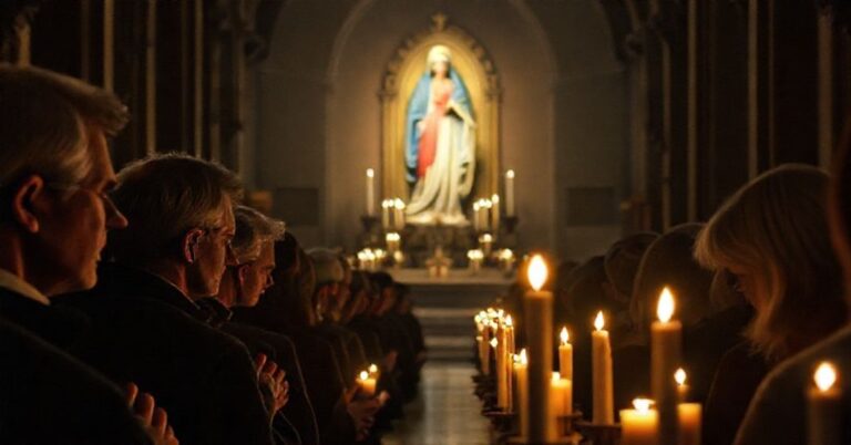 Grupa wierzących w tradycyjnym kościele podczas Adwentu, modląca się przy świecach, z widocznym posągiem Najświętszej Maryi Panny na tle.