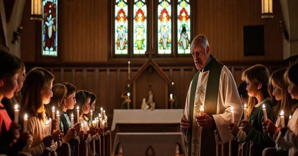 Tradycyjna scena adwentowa w kościele katolickim z kapłanem i dziećmi trzymającymi świece