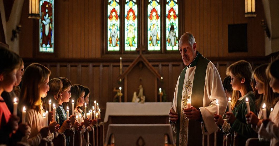Tradycyjna scena adwentowa w kościele katolickim z kapłanem i dziećmi trzymającymi świece
