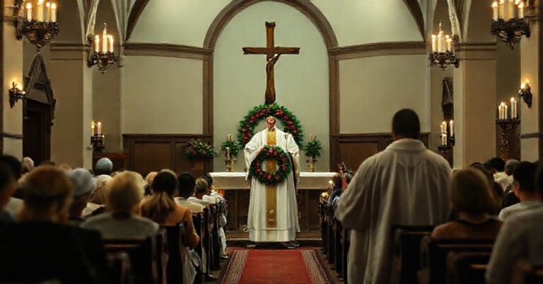 Tradycyjny katoliccy kościół w czasie Adwentu z kapłanem i wiernymi w modlitwie