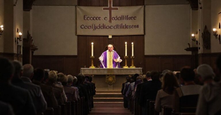 Tradycyjne wnętrze kościoła podczas Adwentu z księdzem w litużbce celebrowanym w rzymskim rytusie. Kongregacja modli się w pokucie i oczekiwaniu na Chrystusa jako Sędziego.